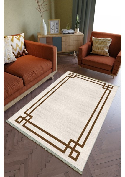 Salon Halısı Otantik Ekru Kahverengi Yolluk Kaymaz Yuvarlak Oval Kesme Ince Yıkanabilir Halı