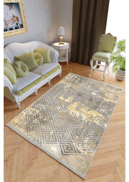 Klasik Salon Halısı Sarı Gri Yolluk Kaymaz Yuvarlak Oval Kesme Ince Yıkanabilir Halı