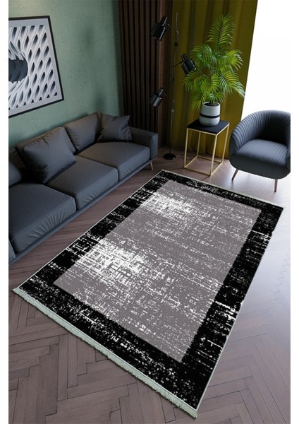 Salon Halısı Modern Gri Siyah Yolluk Kaymaz Yuvarlak Oval Kesme Ince Yıkanabilir Halı