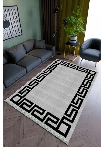 Salon Halısı Modern Siyah Gri Yolluk Kaymaz Yuvarlak Oval Kesme Ince Yıkanabilir Halı