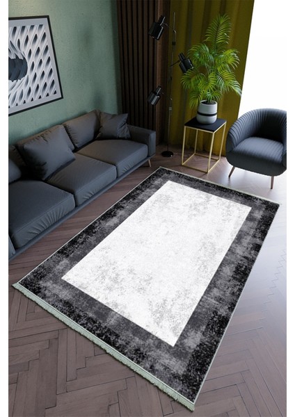 Salon Halısı Modern Beyaz Siyah Yolluk Kaymaz Yuvarlak Oval Kesme Ince Yıkanabilir Halı