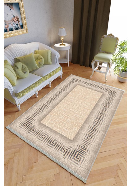 Klasik Salon Halısı Bej Krem Yolluk Kaymaz Yuvarlak Oval Kesme Ince Yıkanabilir Halı