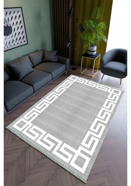 Salon Halısı Modern Gri Beyaz Yolluk Kaymaz Yuvarlak Oval Kesme Ince Yıkanabilir Halı