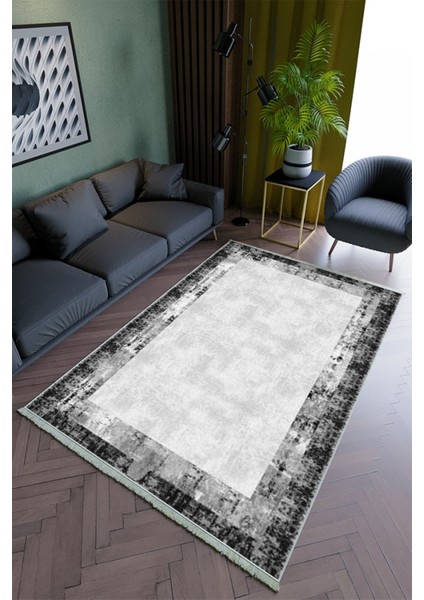Salon Halısı Modern Siyah Gri Yolluk Kaymaz Yuvarlak Oval Kesme Ince Yıkanabilir Halı