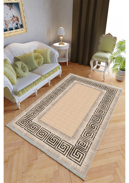 Klasik Salon Halısı Kahverengi Yolluk Kaymaz Yuvarlak Oval Kesme Ince Yıkanabilir Halı