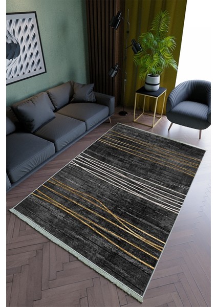 Salon Halısı Modern Siyah Altın Yolluk Kaymaz Yuvarlak Oval Kesme Ince Yıkanabilir Halı
