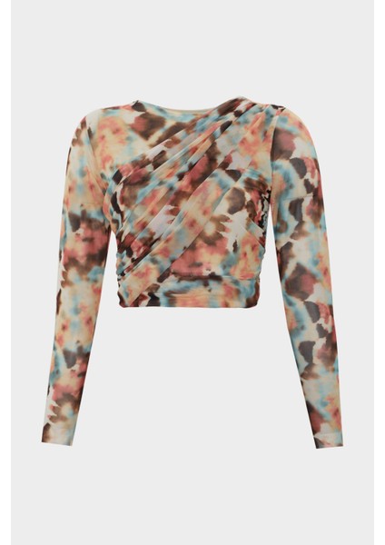 Batik Desenli Drape Detaylı Crop Tül Bluz