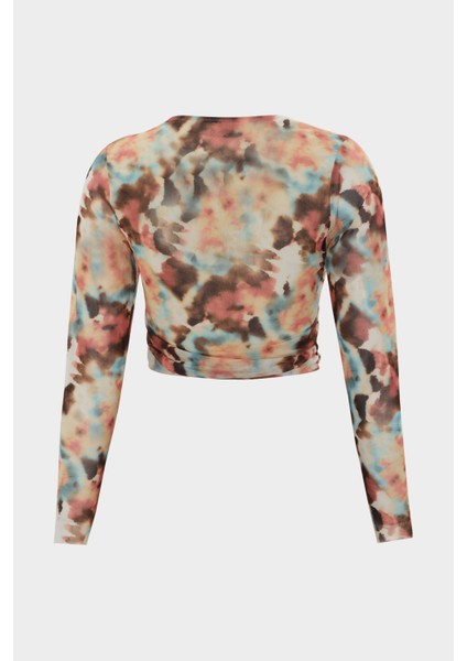 Batik Desenli Drape Detaylı Crop Tül Bluz