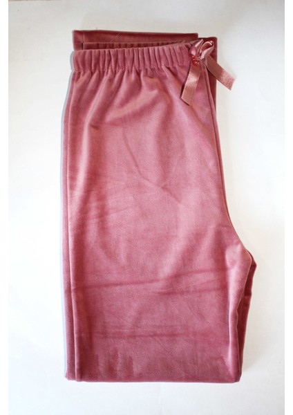 Pudra Pembe Kadın Pijama Altı Kadife Fransız Ipeksi Kumaş Ev Giyim