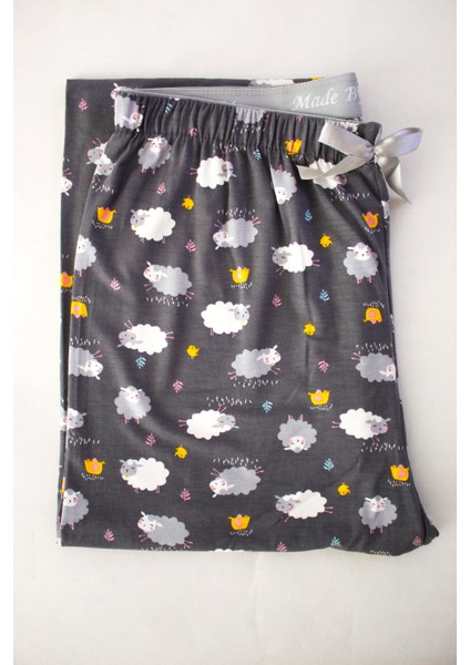 Ev Giyim Pijama Altı Yüksek Bel %100 Modal Kumaş Kuzu Desenli Pudra Renk Modern Estetik