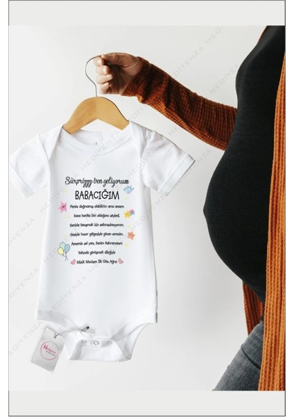 Sürpriz Ben Geliyorum Babacığım Özel Tasarım Bebek Zıbın Pamuklu Çıtçıtlı Body