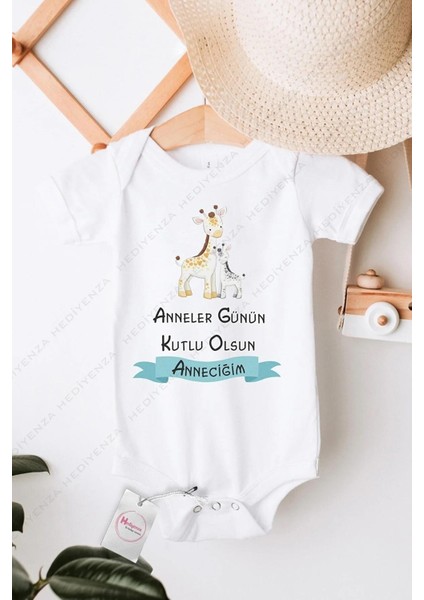 Anneler Günün Kutlu Olsun Anneciğim Mavi Erkek Özel Tasarım Bebek Zıbın Pamuklu Çıtçıtlı Body