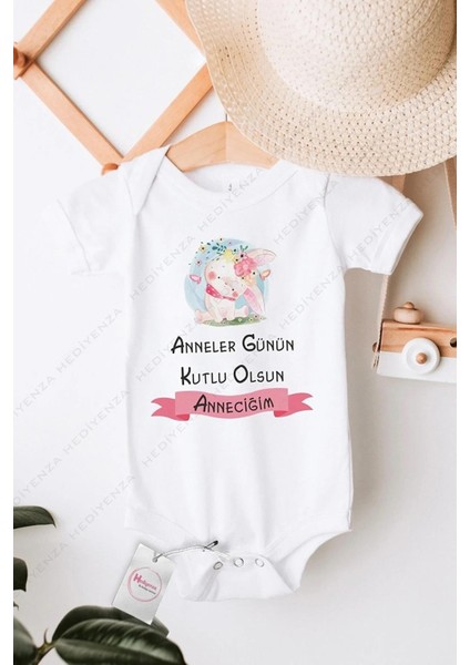 Anneler Günün Kutlu Olsun Anneciğim Pembe Kız Özel Tasarım Bebek Zıbın Pamuklu Çıtçıtlı Body