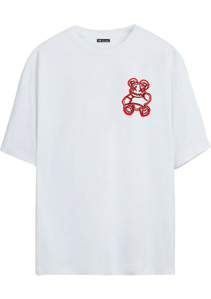 Ünisex Ayı Baskılı Beyaz Oversize Tshirt