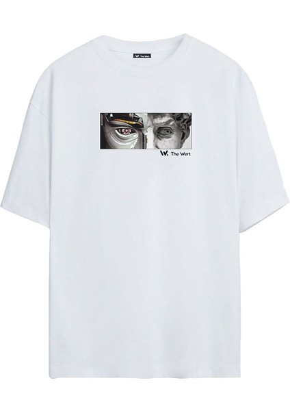 Ünisex Heykel Yüz Baskılı Beyaz Oversize Tshirt