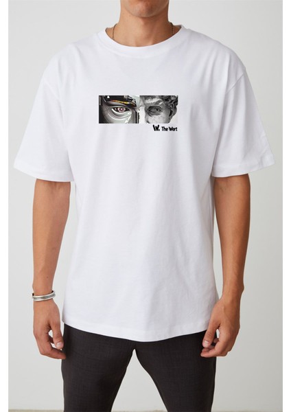 Ünisex Heykel Yüz Baskılı Beyaz Oversize Tshirt