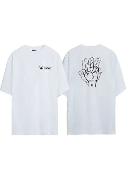 Ünisex Eller Baskılı Beyaz Oversize Tshirt