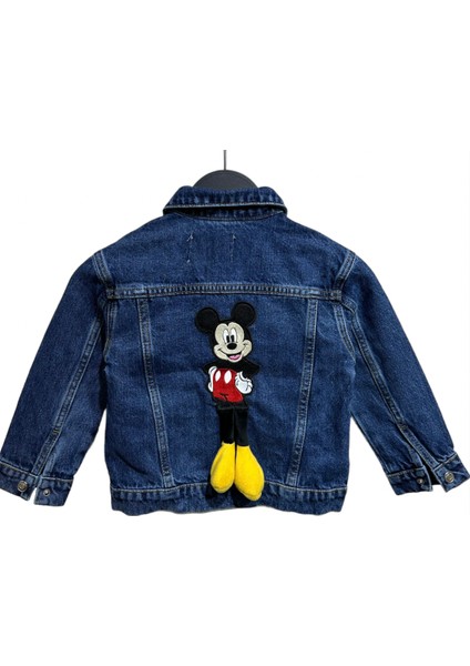 Kız Çocuk 3D Aplike Mickey Sırt Detaylı Kot Ceket Indigo Mavi Taşlamalı Çıtçıt Kapama