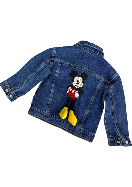 Kız Çocuk 3D Aplike Mickey Sırt Detaylı Kot Ceket Indigo Mavi Taşlamalı Çıtçıt Kapama