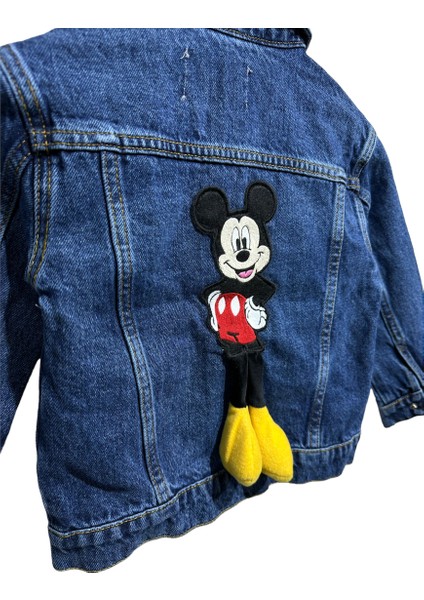 Kız Çocuk 3D Aplike Mickey Sırt Detaylı Kot Ceket Indigo Mavi Taşlamalı Çıtçıt Kapama