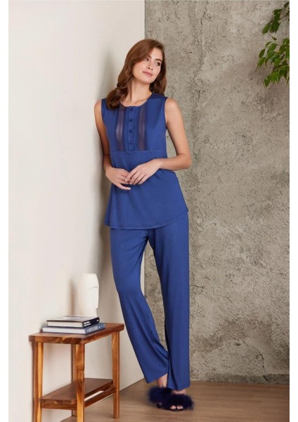 2800 Kadın Lacivert Dantelli Penye 3'lü Sabahlıklı Pijama Takım modelleri