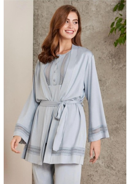 2800 Kadın Mist Dantelli Penye 3'lü Sabahlıklı Pijama Takım