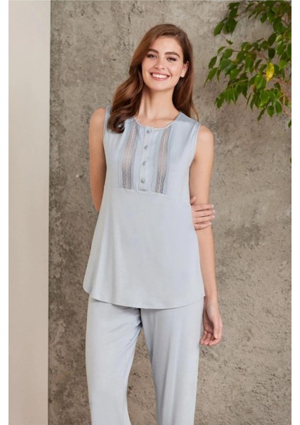 2800 Kadın Mist Dantelli Penye 3'lü Sabahlıklı Pijama Takım