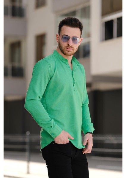 Zareh Slim Fit Kırınkıl Desen Yarım Pat Hakim Yaka Erkek Gömlek