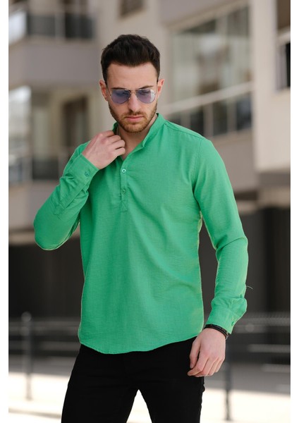 Zareh Slim Fit Kırınkıl Desen Yarım Pat Hakim Yaka Erkek Gömlek