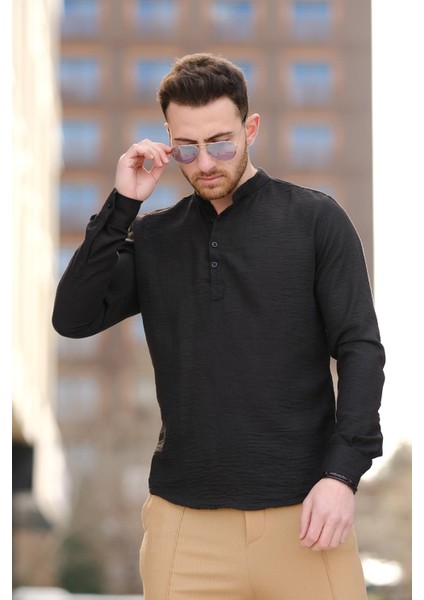 Zareh Slim Fit Kırınkıl Desen Yarım Pat Hakim Yaka Erkek Gömlek
