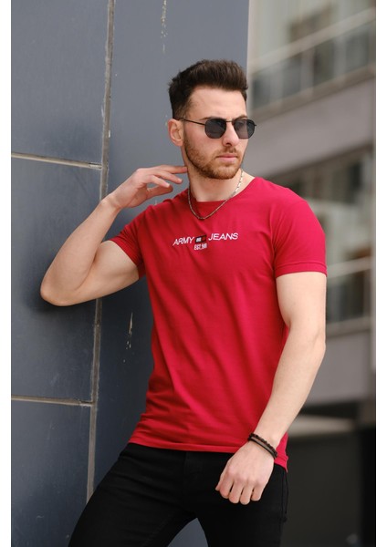Army Nakışlı Slim Fit Likralı Erkek Tshirt