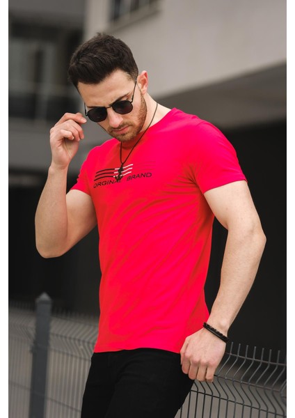 Brand Nakışlı Slim Fit Likralı Erkek Tshirt