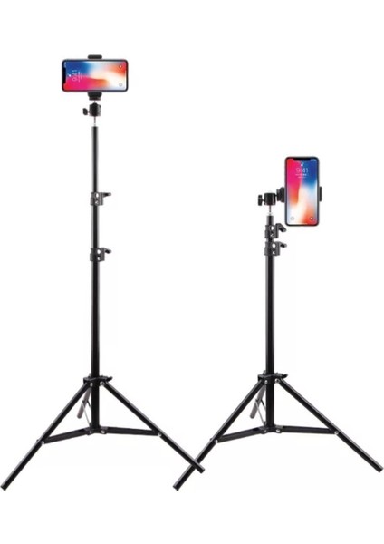 Bluetooth Kumandalı Tripod 2.1 Metre Metal Ring Lıght Lamba Ayağı 360 Döner Başlıklı Telefon Tutucu Kumandalı