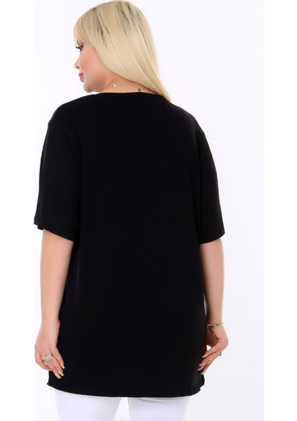 Yuvarlak Yaka Çift Renk Bloklu Verev Çizgili Göğsü Pul Payet Detaylı Kısa Kol Rahat Büyük Beden Bluz fiyatları