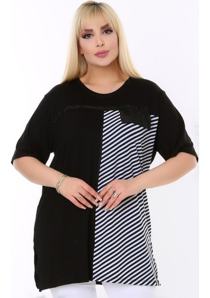 Yuvarlak Yaka Çift Renk Bloklu Verev Çizgili Göğsü Pul Payet Detaylı Kısa Kol Rahat Büyük Beden Bluz modelleri