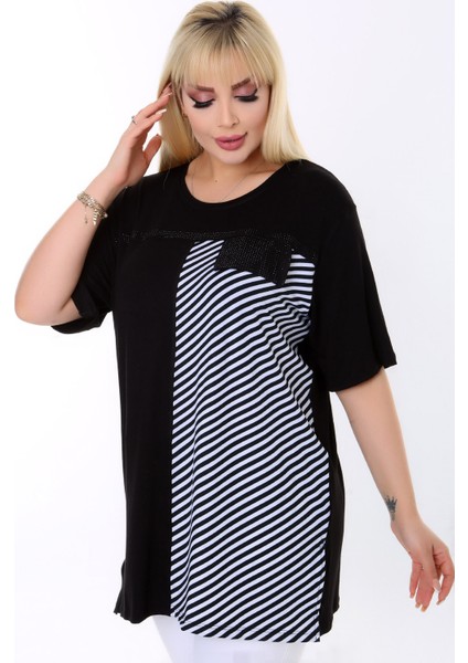 Yuvarlak Yaka Çift Renk Bloklu Verev Çizgili Göğsü Pul Payet Detaylı Kısa Kol Rahat Büyük Beden Bluz fırsatları