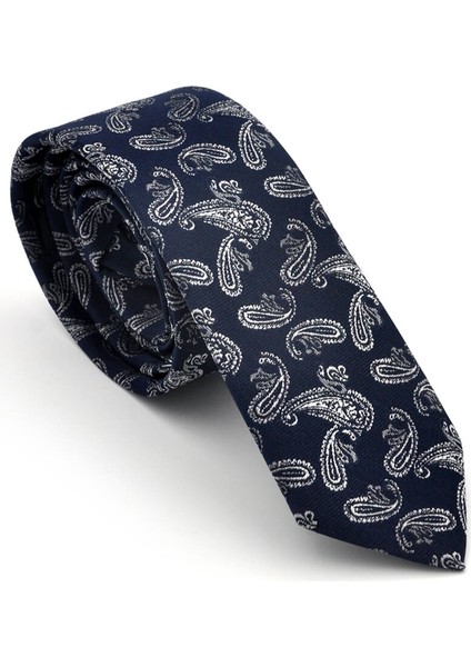 Beyaz Şal Desenli Lacivert Dokuma Kumaş Mendilli Slim Fit Kravat / SDK-230209