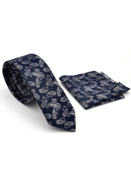 Beyaz Şal Desenli Lacivert Dokuma Kumaş Mendilli Slim Fit Kravat / SDK-230209 fiyatları
