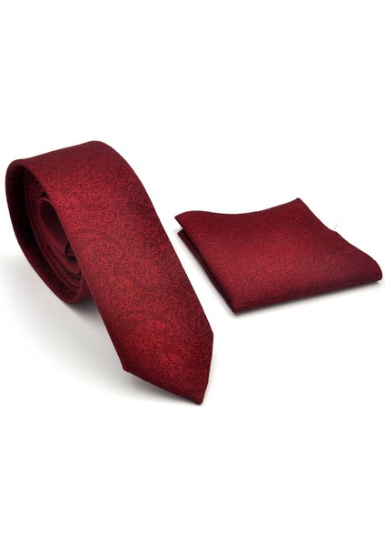 Bordo Şal Desenli Dokuma Kumaş Mendilli Slim Fit Kravat / SDK-230203