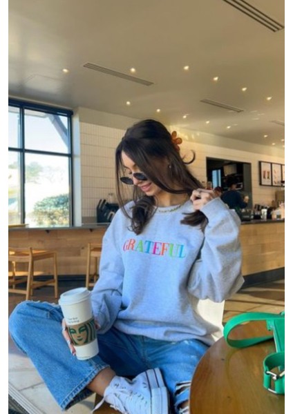 Kadın , Grateful Baskılı Oversize Sweatshirt