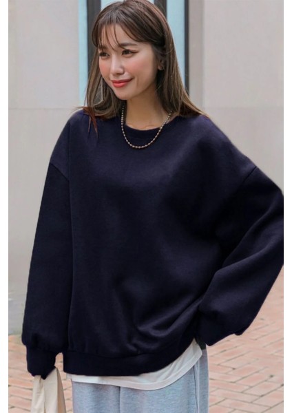 Kadın Lacivert Basic 0 Sıfır Yaka Baskısız Düz Oversize Salaş Bol Kesim Sweatshirt