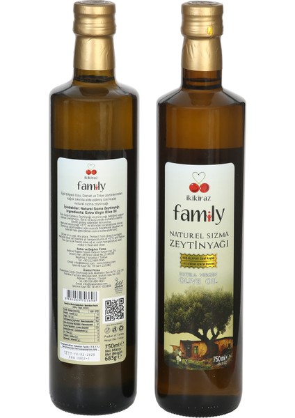 Ikikiraz Family Naturel Sızma Baby Zeytinyağı 750 ml Dorika Cam Şişe x 2 Li Ambalaj