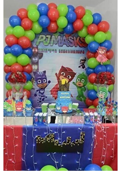 Pijamaskeliler Temalı Balon Zinciri Yeşil-Kırmızı-Mavi Balon Seti 70 Adet