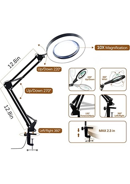 10X Işıklı Büyüteç Büyüteçli LED Lamba 3 Renk Modu Kısılabilir Led'ler Yakın Çalışma Onarımı Için Işıklı ve Kelepçeli Gerçek Cam Lens Büyüteç Okuma El Sanatları (Yurt Dışından)