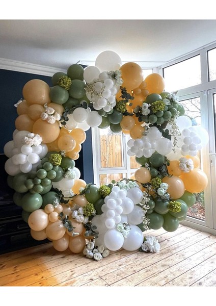 Pastel Beyaz Küf Yeşili ve Sütlü Kahve Balon Seti 70 Adet