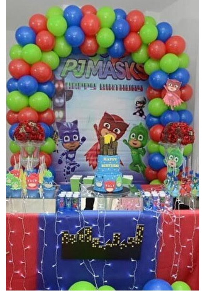 Pijamaskeliler Temalı Balon Zinciri Yeşil-Kırmızı-Mavi Balon Seti 70 Adet