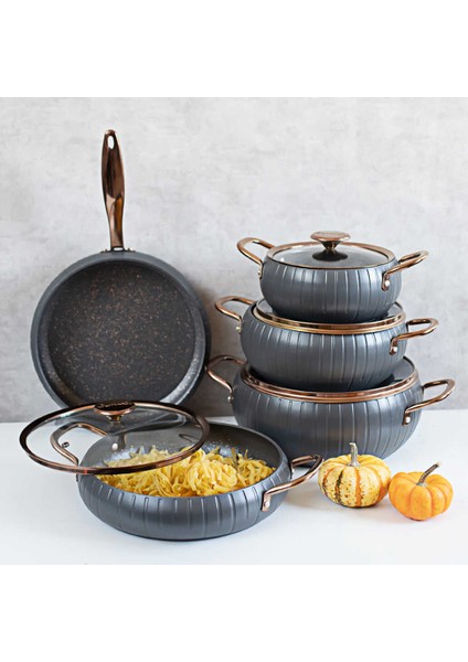 3529 Tencere Seti - Granit Döküm Tencere Seti - 9 Parça Tencere Seti