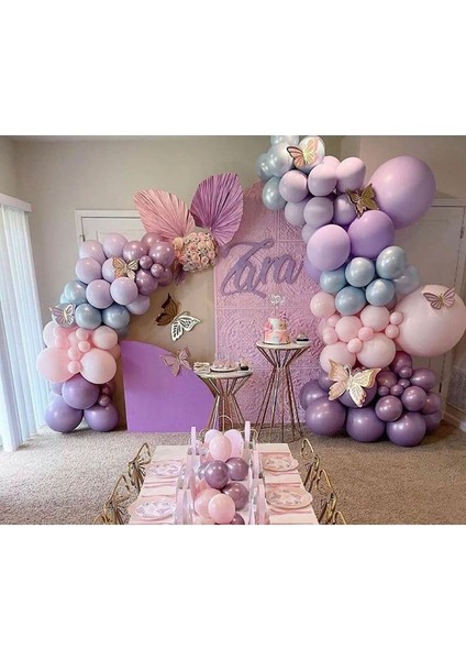 Retro Pembe Lila Fırtına Mavisi Lavanta Doğum Günü Balon Zinciri Seti