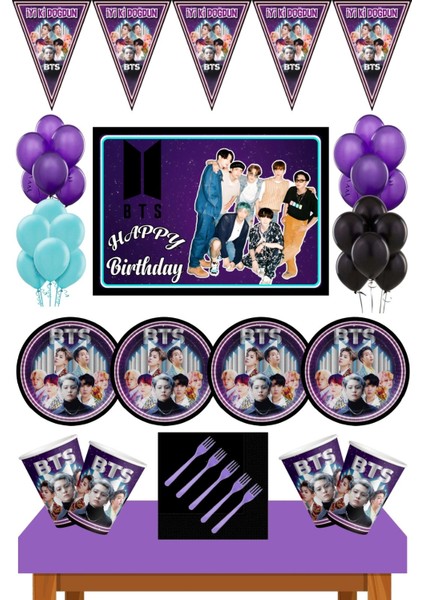 Bts Kpop Doğum Günü Konsepti 8 Kişilik 50X70 cm Afişli Bts Doğum Günü Seti Mor