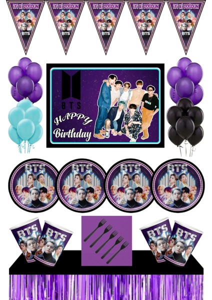 Bts Kpop Doğum Günü Konsepti 16 Kişilik 50X70 cm Afişli Bts Doğum Günü Seti Mor Masa Etekli